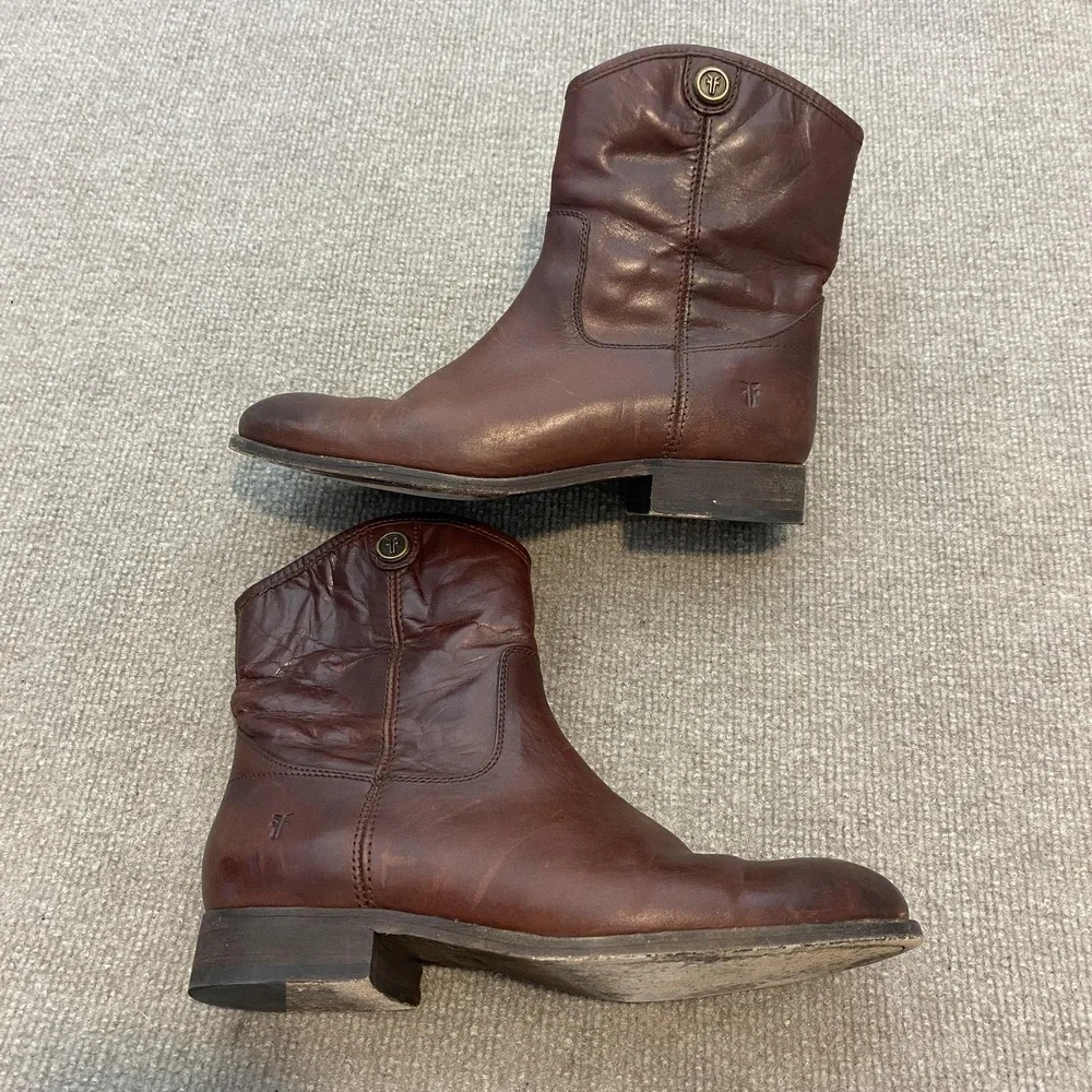 Frye Booties Womens Size 7.5‎ Brown Leather Ankle Zip Block Heel 3477000-JDD